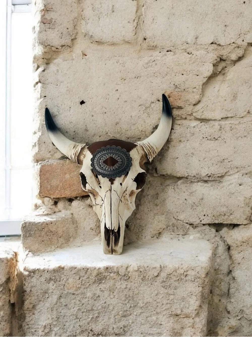 Decorative Faux Buffalo Skull Wall Mount in Ivory and Brown